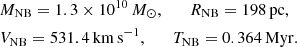 $$ \begin{aligned}&M_{\rm NB} = 1.3\times 10^{10}\,M_{\odot }, \quad \quad R_{\rm NB} = 198\,\mathrm{pc},\\&V_{\rm NB} = 531.4\,\mathrm{km\,s}^{-1},\quad \quad T_{\rm NB} = 0.364\,\mathrm{Myr}. \end{aligned} $$
