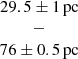 $ \begin{array}{c} 29.5 \pm 1\,\mathrm{pc} \\ {-} \\ 76\pm0.5\,\mathrm{pc} \end{array} $