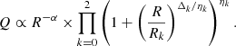 $$ \begin{aligned} Q \propto R^{-\alpha }\times \prod _{k=0}^2 \left(1+\left(\frac{R}{R_k}\right)^{\Delta _k/\eta _k}\right)^{\eta _k}. \end{aligned} $$