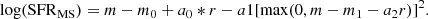 $$ \begin{aligned} \log (\mathrm{SFR}_{\rm MS}) = m - m_0 + a_0*r - a1[\max (0,m - m_1- a_2r)]^2 . \end{aligned} $$