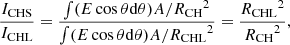 $$ \begin{aligned} \frac{I_{\rm CHS}}{I_{\rm CHL}} = \frac{\int (E \cos \theta \mathrm{d}\theta ) A/{R_{\rm CH}}^{2}}{\int (E \cos \theta \mathrm{d}\theta ) A/{R_{\rm CHL}}^{2}} = \frac{{R_{\rm CHL}}^{2}}{{R_{\rm CH}}^{2}}, \end{aligned} $$
