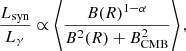 $$ \begin{aligned} \frac{L_{\rm syn}}{L_{\gamma }} \propto \left\langle \frac{B(R)^{1-\alpha }}{B^2(R)+B^2_{\rm CMB}}\right\rangle , \end{aligned} $$