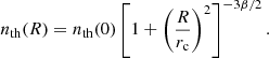 $$ \begin{aligned} n_{\rm th}(R) = n_{\rm th}(0) \left[1 + \left(\frac{R}{r_{\rm c}}\right)^2\right]^{-3\beta /2}. \end{aligned} $$