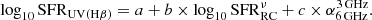 $$ \begin{aligned} \log _{10} \mathrm{SFR}_{\rm UV(H\beta )} = a + b \times \log _{10} \mathrm{SFR}^{\nu }_{\mathrm{RC}} + c\times \alpha ^{\mathrm{3\,GHz}}_{\rm 6\,GHz}. \end{aligned} $$
