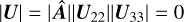 $|{\bf{U}}| = |\widehat {\bf{A}}|\left| {{{\bf{U}}_{22}}} \right|\left| {{{\bf{U}}_{33}}} \right| = 0$