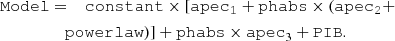 $$ \begin{aligned}&\mathtt {Model} = \quad \mathtt {constant}\times \mathtt {[apec_1 + phabs}\times \mathtt {(apec_2 }+ \nonumber \\&\qquad \quad \qquad \mathtt {powerlaw})] + \mathtt {phabs}\times \mathtt {apec}_3+\mathtt {PIB} . \end{aligned} $$