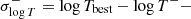 $ \sigma_{\log{T}}^-=\log{T_{\text{best}}}-\log{T^-}- $