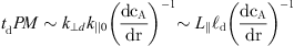 $$ \begin{aligned} t_{\rm d}^\mathrm{PM} \sim \frac{k_{\perp d}}{k_{||0}} \left( \frac{\mathrm{d}c_{\rm A}}{\mathrm{d}r}\right)^{-1} \sim \frac{L_{||}}{\ell _{\rm d}} \left( \frac{\mathrm{d}c_{\rm A}}{\mathrm{d}r}\right)^{-1}, \end{aligned} $$