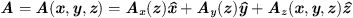 $ \boldsymbol{A}=\boldsymbol{A}(x,\mathit{y},z)=A_x(z) \hat{\boldsymbol{x}} + A_{\mathit{y}}(z) \hat{\boldsymbol{y}} + {A_z(x,\mathit{y},z) \hat{\boldsymbol{z}}} $