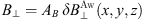 $$ \begin{aligned}&\boldsymbol{B}_\perp = {A_B} \, \delta \boldsymbol{B}_\perp ^{\mathrm{Aw}}(x,{ y},z), \end{aligned} $$