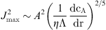 $$ \begin{aligned} J^2_{\mathrm{max}} \sim A^2 \left( \frac{1}{\eta \Lambda } \frac{\mathrm{d}c_{\rm A}}{\mathrm{d}r} \right)^{2/5}. \end{aligned} $$