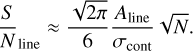 ${{S \over N}_{{\rm{line }}}} \approx {{\sqrt {2\pi } } \over 6}{{{A_{{\rm{line }}}}} \over {{\sigma _{{\rm{cont }}}}}}\sqrt N .$