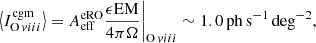 $$ \begin{aligned} \left\langle I_{\mathrm{O}\,viii }^\mathrm{cgm} \right\rangle = A^\mathrm{eRO}_{\rm eff} \frac{\epsilon \mathrm {EM}}{4\pi \Omega } \bigg \vert _{\mathrm{O}\,viii } \sim 1.0 \,\mathrm{ph\, s^{-1}\, deg^{-2}}, \end{aligned} $$