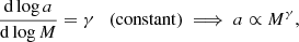 $$ \begin{aligned} {\frac{\mathrm{d}\log a}{\mathrm{d}\log M}} = \gamma \quad \mathrm{(constant)} \implies a \propto M^\gamma , \end{aligned} $$