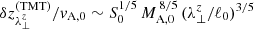 $ \delta z_{\lambda_\perp^z}^{\mathrm{(TMT)}}/v_{\mathrm{A,0}} \sim S_0^{1/5}\,M_{\mathrm{A,0}}^{\,8/5}\,(\lambda_\perp^z/\ell_0)^{3/5} $