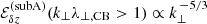 $ \mathcal{E}_{\delta z}^{\mathrm{(subA)}}(k_\perp\lambda_{\perp,\mathrm{CB}} > 1)\propto k_\perp^{\,-5/3} $