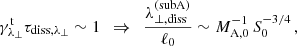 $$ \begin{aligned} \gamma _{\lambda _\perp }^\mathrm{t}\tau _{\rm diss,\lambda _\perp }\sim 1 \,\,\,\Rightarrow \,\,\, \frac{\lambda _{\perp ,\mathrm{diss}}^\mathrm{(subA)}}{\ell _0} \sim M_{\rm A,0}^{-1}\, S_0^{-3/4}\,, \end{aligned} $$