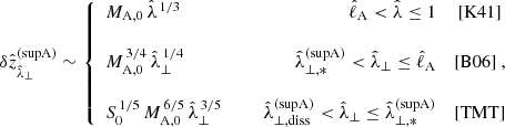$$ \begin{aligned} \delta \hat{z}_{\hat{\lambda }_\perp }^\mathrm{(supA)} \sim \left\{ \begin{array}{lcrc} M_{\rm A,0}\,\hat{\lambda }^{\,1/3}&\,\,\,&\hat{\ell }_{\rm A} < \hat{\lambda }\le 1&\mathrm{[K41]}\\&\,&\\ M_{\rm A,0}^{\,3/4}\,\hat{\lambda }_\perp ^{\,1/4}&\,\,\,&\hat{\lambda }_{\perp ,*}^\mathrm{(supA)} < \hat{\lambda }_\perp \le \hat{\ell }_{\rm A}&\mathrm{[B06]}~,\\&\,&\\ S_0^{\,1/5}\,M_{\rm A,0}^{\,6/5}\,\hat{\lambda }_\perp ^{\,3/5}&\,\,\,&\hat{\lambda }_{\perp ,\mathrm{diss}}^\mathrm{(supA)} < \hat{\lambda }_\perp \le \hat{\lambda }_{\perp ,*}^\mathrm{(supA)}&\mathrm{[TMT]} \end{array} \right. \end{aligned} $$