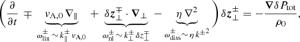 $$ \begin{aligned} \bigg (\frac{\partial }{\partial t}\, \mp \, \underbrace{v_{\rm A,0}\,\nabla _\Vert }_{\omega _{\rm lin}^\pm \,\sim \,k_\Vert ^\pm \,v_{\rm A,0}}\, +\, \underbrace{\delta \boldsymbol{z}_\perp ^\mp \cdot \boldsymbol{\nabla }_\perp }_{\omega _{\rm nl}^\pm \,\sim \,k_\perp ^\pm \,\delta z_\perp ^\mp }\, -\underbrace{\eta \,\nabla ^2}_{\omega _{\rm diss}^{\pm }\sim \, \eta \,{k^\pm }^2}\bigg )\,\delta \boldsymbol{z}_\perp ^\pm = -\frac{\boldsymbol{\nabla }\delta P_{\rm tot}}{\rho _0}, \end{aligned} $$