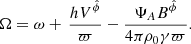 $$ \begin{aligned} \Omega =\omega +\,\dfrac{h V^{\hat{\phi }}}{\varpi }-\frac{\Psi _A B^{\hat{\phi }}}{4\pi \rho _0 \gamma \varpi } . \end{aligned} $$