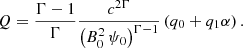 $$ \begin{aligned} Q= \dfrac{\Gamma -1}{\Gamma }\dfrac{ c^{2\Gamma }}{ \left(B_0^2 \, \psi _0 \right)^{\Gamma -1}} \left(q_0+ q_1 \alpha \right). \end{aligned} $$