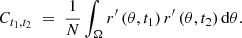 $$ \begin{aligned} C_{t_{1},t_{2}} \; = \; \frac{1}{N} \int _{\Omega } r^{\prime }\left(\theta ,t_{1} \right) r^{\prime } \left(\theta ,t_{2} \right) \mathrm{d}\theta . \end{aligned} $$