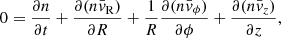 $$ \begin{aligned} 0 = \frac{\partial n}{\partial t} + \frac{\partial (n \bar{v}_{\rm R})}{\partial R} + \frac{1}{R} \frac{\partial (n \bar{v}_\phi )}{\partial \phi } + \frac{\partial (n \bar{v}_z)}{\partial z}, \end{aligned} $$