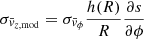 $$ \begin{aligned} \sigma _{\bar{v}_{z,\mathrm{mod}}} = \sigma _{\bar{v}_\phi }\frac{h(R)}{R} \frac{\partial s}{\partial \phi } \end{aligned} $$