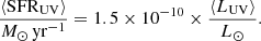 $$ \begin{aligned} \frac{\langle \mathrm{SFR}_{\rm UV}\rangle }{M_\odot \,\mathrm{yr^{-1}}} = 1.5\times 10^{-10}\times \frac{\langle L_{\rm UV}\rangle }{L_\odot }. \end{aligned} $$