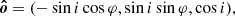 $$ \begin{aligned} \boldsymbol{\hat{o}} = (- \sin i \cos \varphi , \sin i \sin \varphi , \cos i), \end{aligned} $$