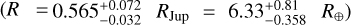 $\left( {R = 0.565_{ - 0.032}^{ + 0.072}{R_{{\rm{Jup }}}} = 6.33_{ - 0.358}^{ + 0.81}{R_ \oplus }} \right)$