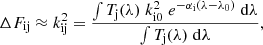 $$ \begin{aligned} \Delta F_\mathrm{ij} \approx k^2_\mathrm{ij} = \frac{\int T_\mathrm{j} (\lambda )\; k^2_\mathrm{i0} \; e^{-\alpha _\mathrm{i} (\lambda - \lambda _0)}\; \mathrm{d}\lambda }{\int T_\mathrm{j} (\lambda )\;\mathrm{d}\lambda }, \end{aligned} $$