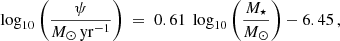 $$ \begin{aligned} \log _{10}\bigg (\frac{\psi }{{M_{\odot } \, \mathrm{yr}^{-1}}} \bigg )~=~0.61~\log _{10}\bigg (\frac{M_\star }{M_{\odot }} \bigg ) - 6.45 \, , \end{aligned} $$