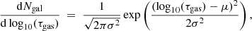 $$ \begin{aligned} \frac{\mathrm{d} N_{\mathrm{gal} }}{\mathrm{d} \log _{10}( \tau _{\mathrm{gas} })}~=~\frac{1}{\sqrt{2 \pi \sigma ^{2}}} \exp \bigg ( \frac{(\log _{10}(\tau _{\mathrm{gas} }) - \mu )^2}{2 \sigma ^2} \bigg ) \, , \end{aligned} $$