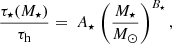 $$ \begin{aligned} \frac{\tau _\star (M_\star )}{\tau _{\mathrm{h} }}=~A_\star ~\bigg (\frac{M_\star }{M_{\odot }} \bigg )^{B_\star } \, , \end{aligned} $$