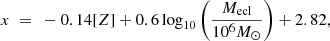 $$ \begin{aligned} x~=~-0.14 {[Z]} + 0.6 \log _{10}\bigg (\frac{M_{\mathrm{ecl} }}{10^{6}M_{\odot }} \bigg )+2.82, \end{aligned} $$