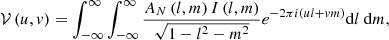 $$ \begin{aligned} \mathcal{V} \left(u,v\right) = \int _{-\infty }^{\infty } \int _{-\infty }^{\infty } \frac{A_N\left(l,m\right) I\left(l,m\right)}{\sqrt{1-l^2-m^2}} e^{-2\pi i\left(ul+vm \right)} \mathrm{d}l \ \mathrm{d}m, \end{aligned} $$