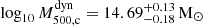 $ \log_{10} M_{500,\mathrm{c}}^{\mathrm{dyn}} = 14.69^{+0.13}_{-0.18}\,\mathrm{M}_\odot $