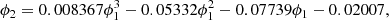 $$ \begin{aligned} \phi _2&= 0.008367\phi _1^3-0.05332\phi _1^2-0.07739\phi _1-0.02007,\end{aligned} $$