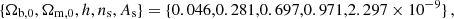 $$ \begin{aligned} \{\Omega _{\rm b,0}, \Omega _{\rm m,0}, h, n_{\rm s}, A_{\rm s}\} = \{0.046,0.281,0.697,0.971,2.297\times 10^{-9}\}\, , \end{aligned} $$