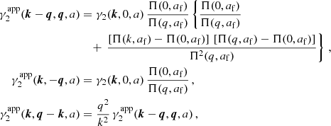 $$ \begin{aligned} \gamma _2^\mathrm{app}(\boldsymbol{k}-\boldsymbol{q},\boldsymbol{q},a)&= \gamma _2(\boldsymbol{k},0,a) \,\frac{\Pi (0,a_{\rm f})}{\Pi (q,a_{\rm f})} \left\{ \frac{\Pi (0,a_{\rm f})}{\Pi (q,a_{\rm f})} \right. \nonumber \\&\quad \left. + \right. \left. \frac{ \left[\Pi (k,a_{\rm f}) - \Pi (0,a_{\rm f}) \right]\, \left[\Pi (q,a_{\rm f}) - \Pi (0,a_{\rm f}) \right]}{\Pi ^2(q,a_{\rm f})} \right\} \, ,\nonumber \\ \gamma _2^\mathrm{app}(\boldsymbol{k},-\boldsymbol{q},a)&= \gamma _2(\boldsymbol{k},0,a) \, \frac{\Pi (0,a_{\rm f})}{\Pi (q,a_{\rm f})} \, ,\nonumber \\ \gamma _2^\mathrm{app}(\boldsymbol{k},\boldsymbol{q}-\boldsymbol{k},a)&= \frac{q^2}{k^2}\, \gamma _2^\mathrm{app}(\boldsymbol{k}-\boldsymbol{q},\boldsymbol{q},a) \, , \end{aligned} $$