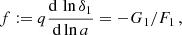 $$ \begin{aligned} f :=q \frac{\mathrm{d} \, \ln \delta _1}{\mathrm{d} \ln a} = -G_1/F_1 \,, \end{aligned} $$