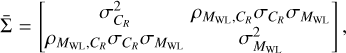 $\[\bar{\Sigma}=\left[\begin{array}{cc}\sigma_{C_R}^2 & \rho_{M_{\mathrm{WL}}, C_R} \sigma_{C_R} \sigma_{M_\mathrm{WL}} \\\rho_{M_{\mathrm{WL}}, C_R} \sigma_{C_R} \sigma_{M_{\mathrm{WL}}} & \sigma_{M_{\mathrm{WL}}}^2\end{array}\right],\]$