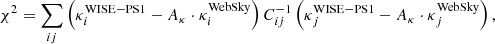 $$ \begin{aligned} \chi ^2 = \sum _{ij} \left(\kappa _i^\mathrm{WISE-PS1}-A_{\kappa }\cdot \kappa _i^\mathrm{WebSky}\right)C_{ij}^{-1}\left(\kappa _j^\mathrm{WISE-PS1}-A_{\kappa }\cdot \kappa _j^\mathrm{WebSky}\right) ,\end{aligned} $$