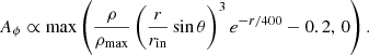$$ \begin{aligned} A_\phi \propto \max \left( \frac{\rho }{\rho _\mathrm{max} } \left(\frac{r}{r_{\rm in}} \sin \theta \right)^3 e^{-r/400} - 0.2, \, 0 \right) . \end{aligned} $$