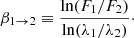 $$ \begin{aligned} \beta _{1\rightarrow 2}\equiv \frac{\ln (F_1/F_2)}{\ln (\lambda _1/\lambda _2)}\cdot \end{aligned} $$
