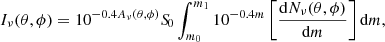 $$ \begin{aligned} I_\nu (\theta ,\phi ) = 10^{-0.4A_\nu (\theta ,\phi )} {S\!}_0\int _{m_0}^{m_1} 10^{-0.4m} \left[\frac{\mathrm{d} N_\nu (\theta ,\phi )}{\mathrm{d}m}\right] \mathrm{d}m, \end{aligned} $$