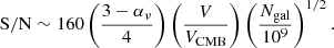 $$ \begin{aligned} \mathrm{S/N} \sim 160 \left(\frac{3-\alpha _\nu }{4}\right) \left(\frac{V}{V_{\rm CMB}}\right) \left(\frac{N_{\rm gal}}{10^9}\right)^{1/2}. \end{aligned} $$