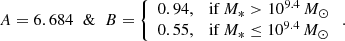 $$ \begin{aligned} A=6.684\;\; \& \;\;B =\left\{ \begin{array}{l} 0.94 , \quad \mathrm{if\, } M_*>10^{9.4}\,M_\odot \\ 0.55 , \quad \mathrm{if\, } M_*\le 10^{9.4}\,M_\odot \end{array}\right. . \end{aligned} $$