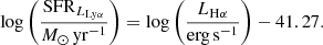$$ \begin{aligned} \log \left(\frac{\mathrm{SFR}_{L_{\mathrm{Ly}\alpha }}}{M_{\odot }\,\mathrm{yr}^{-1}}\right) = \log \left(\frac{L_{\mathrm{H}\alpha }}{\mathrm{erg}\,\mathrm{s}^{-1}}\right) - 41.27. \end{aligned} $$